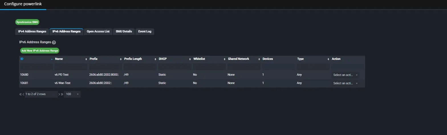 Powercode admin UI showing the IPv6 Address Ranges tab with the Synchronize BMU button